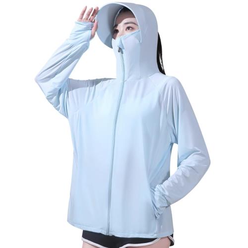 [SLEEPSINERO] ラッシュガード uvカット パーカー レディース 長袖 upf50+・ひんやり接触冷感 日焼け止め 吸汗速乾 抗菌防臭 水着 紫外線対策 薄手 通気 涼しい フード付き 指穴あり 軽量 体型カバー おしゃれ 海 アウトドア 春夏秋 (L,ブルー)