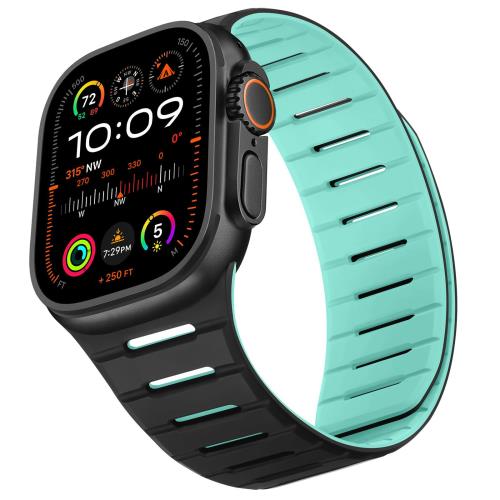 HITZEE 両面ウェアラブル磁気シリコン Band コンパチブル Apple Watch バンド 49mm 46mm(シリーズ 10) 45mm 44mm 42mm, ソフト磁気 バンド iWatch Ultra 2/1 シリーズ 10 9 8 7 SE 6 5 4 3 2 1 に対応, レイクブルー/ブラック