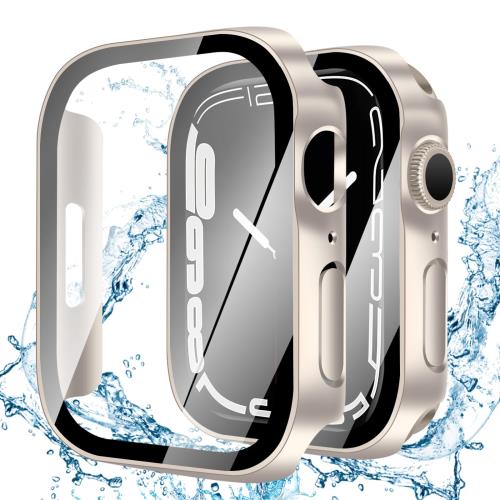 YUGYUG 対応 Apple Watch ケース Series 9/8/7 アップルウォッチ ケース PC素材 IP68 防水 3D直角エッジデザイン アップルウォッチ カバー ガラスフィルム 一体型 日本旭硝子材 二重構造 Apple Watch カバー 全面保護 強化ガラス キズ防止(41mm,スターライト)(2.0)