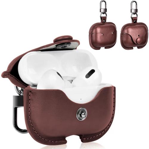 BUITFOU AirPods Pro 2 用 ケース(2023/2022)エアーポッズプロ2 カバーPU革 本革 エアーポッズプロ2 レザーケース カバー 落下防止 耐衝撃 LEDライト可視 カラビナ付き 紛失防止(ダークブラウン)