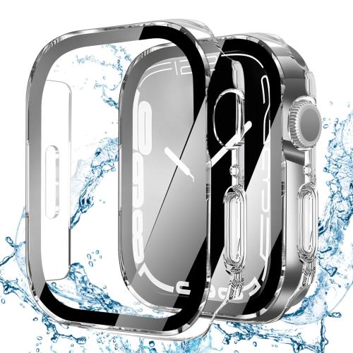 YUGYUG 対応 アップルウォッチ カバー Series 9/8/7 Apple Watch ケース PC素材 IP68 防水 3D直角エッジデザイン 光沢式 アップルウォッチ ケース ガラスフィルム 一体型 日本旭硝子材 二重構造 Apple Watch カバー 全面保護 強化ガラス キズ防止(45mm,クリア)(2)