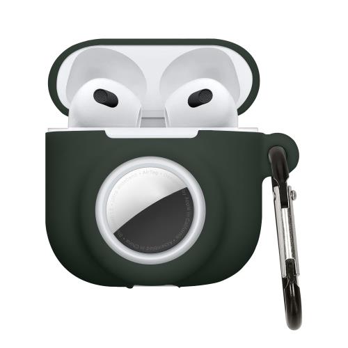 kwmobile イヤホンケース Apple Airpods 4対応 ケース - カラビナ 落下防止 紛失防止 シリコン 深緑色
