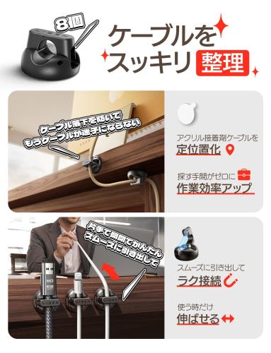 LISEN ケーブルホルダー マグネット式 8個セット ケーブルクリップ 片手操作 開閉に1秒 配線止め アクリル テープ 強力粘着 コードクリップ「-28%小さい,スーパーミニ」ケーブル 収納 引っ張り 配線整理 粘着パッド4枚付属 便利 デスク周り ガジェット USB Type-C キーボード