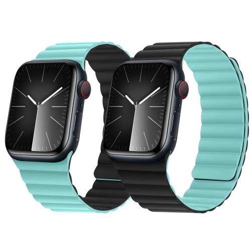 HITZEE 両面リバーシブルマグネットバンド Apple Watch 42mm(シリーズ 10) 41mm 40mm 38mm, ソフトシリコンバンド iWatch シリーズ 10 9 8 7 SE 6 5 4 3 2 1 に対応 (42/41/40/38mm, レイクブルー/ブラック)