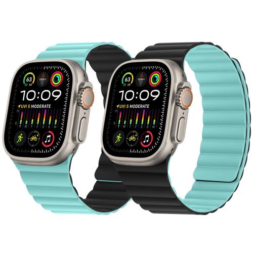 HITZEE 両面リバーシブルマグネットバンド Apple Watch バンド 49mm 46mm(シリーズ 10) 45mm 44mm 42mm(シリーズ 3/2/1), ソフトシリコンバンド iWatch Ultra 2/1 シリーズ 10 9 8 7 SE 6 5 4 3 2 1 に対応 (49/46/45/44/42mm, レイクブルー/ブラック)
