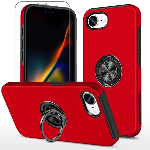 Cakublse いphone16e 用 ケース+ガラス フィルム リング付き スタンド付き 耐衝撃 アイフォン16e 対応 カバー ストラップホール付き 赤(2)