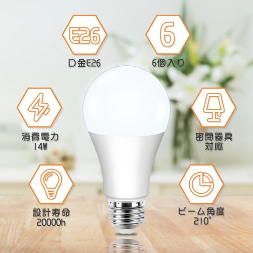Tengyuan LED電球 E26口金 14W 100W形相当 電球色 3000K 1550lm 広配光 高輝度 高演色性 省エネ 密閉形器具対応 断熱材施工器具対応 調光不可 6個入り [3]