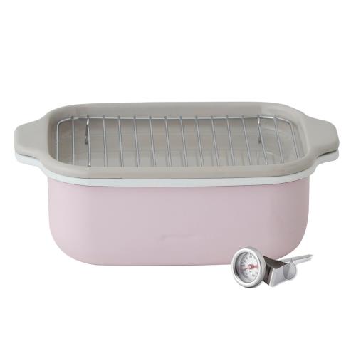 富士ホーロー 角型 天ぷら鍋 ピンク ワイド 27.7×17.3cm IH 対応 温度計 揚げ網 バット 付き