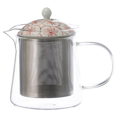 波佐見焼 一誠陶器 ガラス ティーポット 大 約600ml (スーパーステンレス茶こし付) 花籠 赤 レッド 日本製 20499