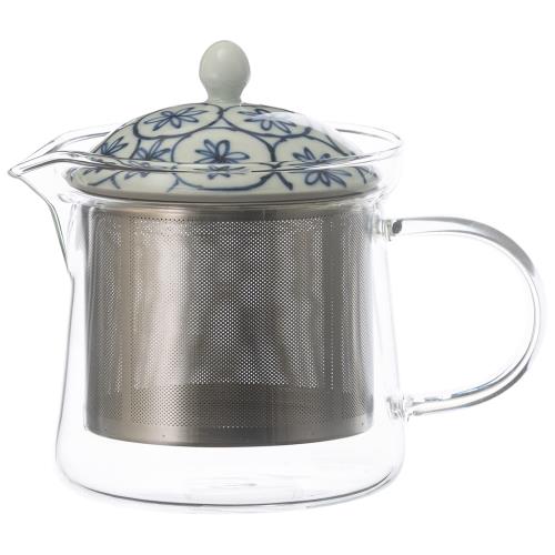 西海陶器 波佐見焼 一誠陶器 ガラス ティーポット 小 約425ml (スーパーステンレス茶こし付) 花籠 青 ブルー 日本製 20498