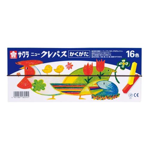 16色黄色・橙色・薄橙・茶色・黄土色・こげ茶・赤・桃色・紫・水色・黄緑・緑・青・灰色・黒・白 特長1角型に成型したクレパス 特長2太い線・細い線・面塗りが自由にできる 特長3色調は不透明調／被覆力が強い／色ケント紙にも鮮やかに発色 特長4クレパス本来の特長も兼ね備えた新しいクレパス