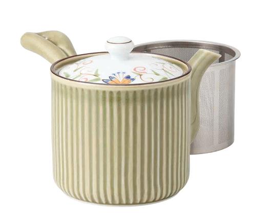 波佐見焼 急須 軽量 (大) 花連柄 緑色 (スーパーステンレス 茶こし付) 容量約470ml 日本製 12739