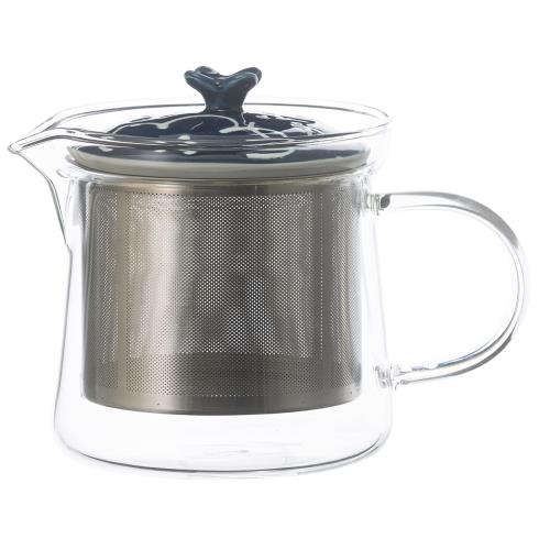 西海陶器 波佐見焼 一誠陶器 ガラス ティーポット 小 約425ml (スーパーステンレス茶こし付) 花紋 ネイビー 日本製 20494