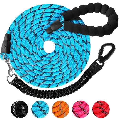DANOFY 犬 リード ロングリード 犬用リード 20m - 長い丸ロープ 小型犬 中型犬 大型犬 反射 軽量 丈夫 持ちやすい スポンジハンドル 伸縮リード付き 犬用散歩ひも 訓練用リード 負担減軽 衝撃吸収 ブルー