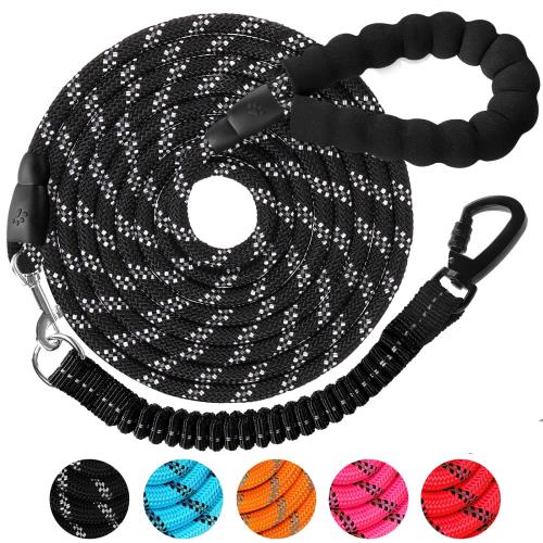 DANOFY 犬 リード ロングリード 犬用リード 20m - 長い丸ロープ 小型犬 中型犬 大型犬 反射 軽量 丈夫 持ちやすい スポンジハンドル 伸縮リード付き 犬用散歩ひも 訓練用リード 負担減軽 衝撃吸収 ブラック