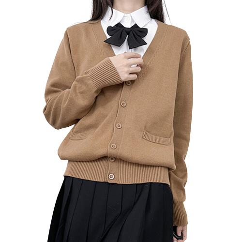 OMKUY スクールカーディガン Vネック 女子 制服 カーディガン 学生 無地 ゆったり ニットカーディガン 厚手 レディース セーター JK制服 トップス アウター スクールセーター 白 黒 ピンク ネイビー グレー 通学 春秋冬 (JP, アルファベット, Free Size, 標準, ブラウン)