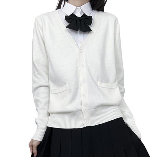 OMKUY スクールカーディガン Vネック 女子 制服 カーディガン 学生 無地 ゆったり ニットカーディガン 厚手 レディース セーター JK制服 トップス アウター スクールセーター 白 黒 ピンク ネイビー グレー 通学 春秋冬 (JP, アルファベット, Free Size, 標準, 白)