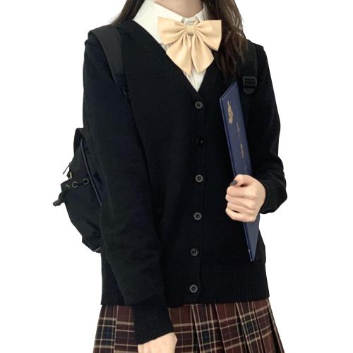 OMKUY スクールカーディガン Vネック 女子 制服 カーディガン 学生 無地 ゆったり ニットカーディガン 厚手 レディース セーター JK制服 トップス アウター スクールセーター 白 黒 ピンク ネイビー グレー 通学 春秋冬 (JP, アルファベット, Free Size, 標準, 黒)