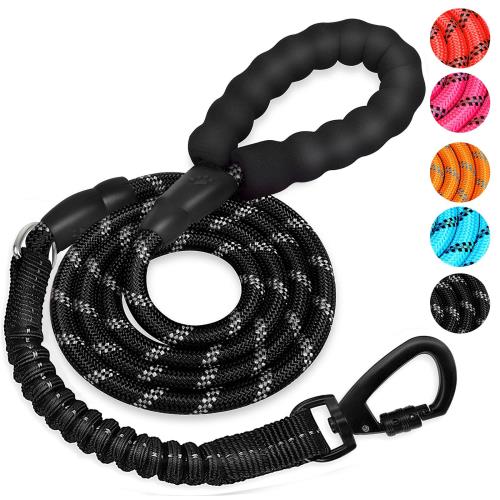 DANOFY 犬 リード 犬用リード 1.9m - 丸ロープ 小型犬 中型犬 大型犬用リーシュ 反射 軽量 丈夫 持ちやすい スポンジハンドル 伸縮リード付き 犬用散歩ひも しつけ 訓練 ブラック 太さ8mm