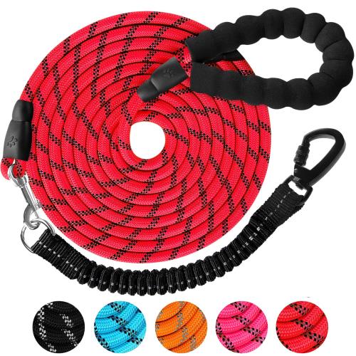 DANOFY 犬 リード ロングリード 犬用リード 15m - 長い丸ロープ 小型犬 中型犬 大型犬 反射 軽量 丈夫 持ちやすい スポンジハンドル 伸縮リード付き 犬用散歩ひも 訓練用リード 負担減軽 衝撃吸収 レッド