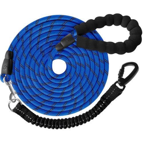 DANOFY 犬 ロングリード 犬用リード 20m - 長い丸ロープ 小型犬 中型犬 大型犬 反射 軽量 丈夫 持ちやすい スポンジハンドル 伸縮リーシュ付き 犬用散歩ひも 訓練用 負担減軽 衝撃吸収 ダークブルー