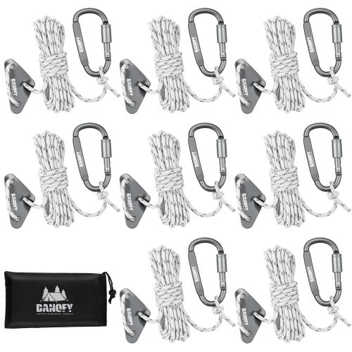 耐荷重450kgDANOFYガイロープは100%ナイロン内芯とポリエステル表地で作られ、内外異なる素材で耐久性、耐摩耗性や耐候性が大幅強化されたテントロープです。各内芯がナイロン糸を3本撚り合わせて合計7芯で作られ、引っ張りに強くて耐荷重が450kgに至っています。ほとんどの使用中での破断がご心配なくなります。アウターも16ストランドで緻密に編まれ、適当な摩擦力を提供でき、滑り止め効果よくて自在金具を使用する時には外れることなしでしっかりと張り綱の機能を発揮。 二本反射糸反射糸が2本編み込まれたガイロープ 4mmであるため、夜など光線が悪い時点でも、タープ ロープの視認性を高めます。キャンプ場ではガイドロープに足が引っ掛けられてつまずいたりする危険を避け、安全性が格段に向上します。特に小さなお子様がいるご家庭にも最適！耐候性に強い素材で作られることで、色褪せにくく、乾きやすく、耐水性と耐久性に優れていて悪天候でも安定した性能を維持できるキャンプロープです。 カラビナと自在金具付き各自在ロープにはアルミ製カラビナと三角自在金具が付属され、お届け後すぐに利用可能です。ねじ式カラビナをテントに連接するだけで、時短にタープの設営を完成し、風に当たってもしっかりとテントを止めます。三角自在金具付きで、自由自在にアウトドア ロープのゆるみの度合いを調節できます。急な雨や強風時でも素早く対処できます。 軽量で持ち運びやすい一本のタープ 紐はおよそ69gでとても軽くて持ち運びがラクになります。しかも、収納袋がついていて、キャンプを行くたびに、空間を取らずコンパクトにテント用ロープをバッグに収められ、どこに連れて行くも大変便利です。テント 紐をカットした後、ガイロープの先端はライター等で炙って（焼き止めして）ご使用下さい。※ご注意：ロッククライミング、登山、命綱などとして使うのは絶対におやめください。 幅広く対応キャンプロープ・アウトドアコードとして色々な場面で用いられます。テント 紐、タープ紐、オーニング ロープ、日除けシェード ロープ、薪ストーブの煙突を固定ロープ、ポールのメーンロープ、ハンモックやテンマクの張り綱、サバイバル・ハイキングなどのアウトドア活動、災害時の応急対応、荷物の固定など。※万が一、届いたパラコードに破損・汚れなど不良現象がございましたら、お気軽に弊社にご連絡ください。「お問い合わせ案内：注文履歴＞出品者へ連絡＞お問い合わせの内容を記入」