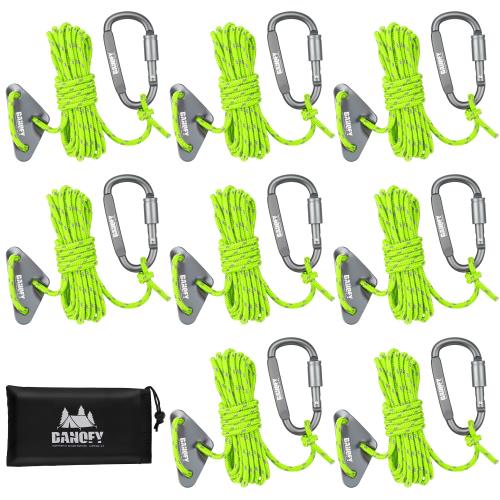 DANOFY ガイロープ 4mm テントロープ タープロープ - 長さ4m 8本 セット 反射 耐荷重450kg 7芯 パラコード ナイロン内芯 ポリエステル表地 ガイドロープ カラビナ 自在金具 収納袋付き キャンプ アウトドア 固定用 紐 ネオングリーン