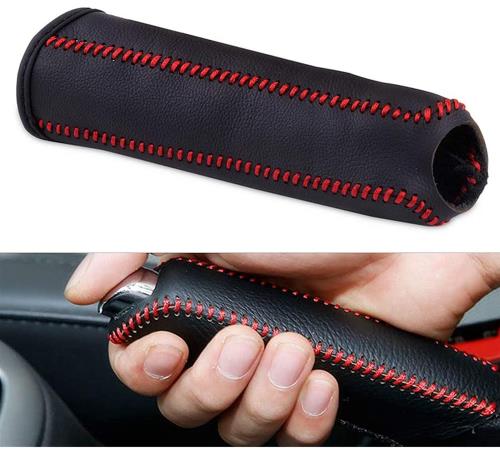 YFFSFDC 本革 シフトノブカバー 各車種 汎用 上質 高級 パーキングブレーキ 保護 (赤ステッチ)