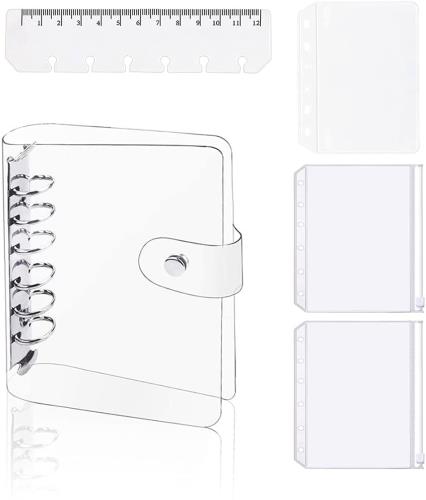 YFFSFDC システム手帳 A7 PVC バインダー ミニ6穴手帳 ポケットサイズ PVCクリア素材 柔らかい ボダン付き A7クリアポケット 3枚付き 定規付き ノート