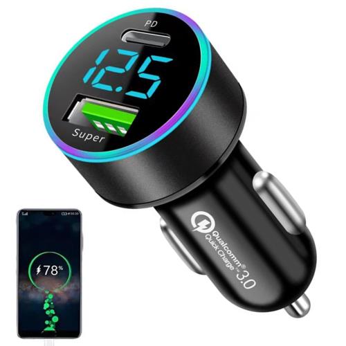 サムコス 車載充電器 車の電圧測定 USB 急速充電 シガー 充電器 12V/24V車対応 車 充電器 PD 20W+QC 電流自動識別 LEDデジタルディスプレー搭載 USB-A USB-C ポート カーチャージャー android/IQOS/iPhone対応用 しがーソケット カー用品