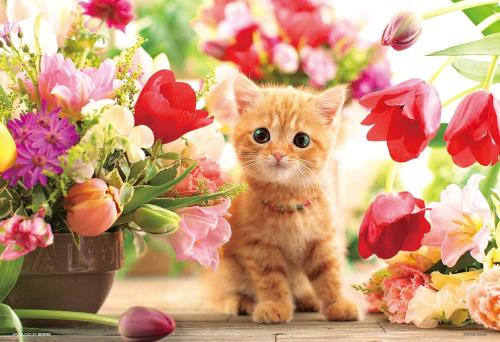 日本製 300ピースジグソーパズル チューリップと子猫(26×38cm) P33-190