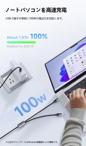 Mcdodo 2in1 急速充電ケーブル USB-C to USB-C USB-Cケーブル 100W PD対応 高速データ転送 Type-Cケーブル タイプCケーブル LEDライト付き アルミ合金シェル 丈夫なナイロン編み USB Cコード MacBook iPad iPhone 16/15 Xperia Galaxy Android その他USB-C機器対応 1.5m