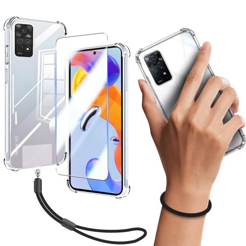 対応 Xiaomi Redmi Note 11 ケース クリア ケース Redmi Note11 カバー TPU 保護ケース カバー背面 + RedmiNote 11 ガラスフィルム Redmi Note 11 フィルム 日本旭硝子製 フィルム RedmiNote11 強化ガラス 硬度9H 高透過率 飛散防 強化ガラス + ショート ストラップ 携帯スト