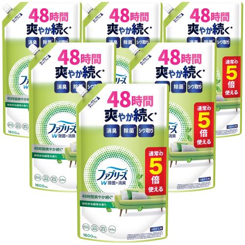 ファブリーズ W除菌+消臭スプレー 衣類・布製品用 ほのかな緑茶の香り 詰め替え 5回分/1600mLx6袋 [ケース品]