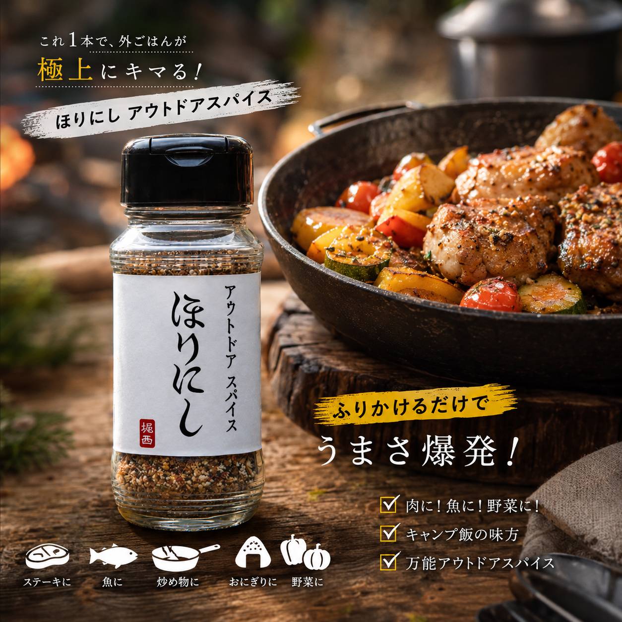 ほりにし アウトドアスパイス  アウトドア | キャンプ | アウトドアスパイス | スパイス | 調味料 | 万能 | 万能スパイス | 料理 | 味付け | ふりかけ | 食品