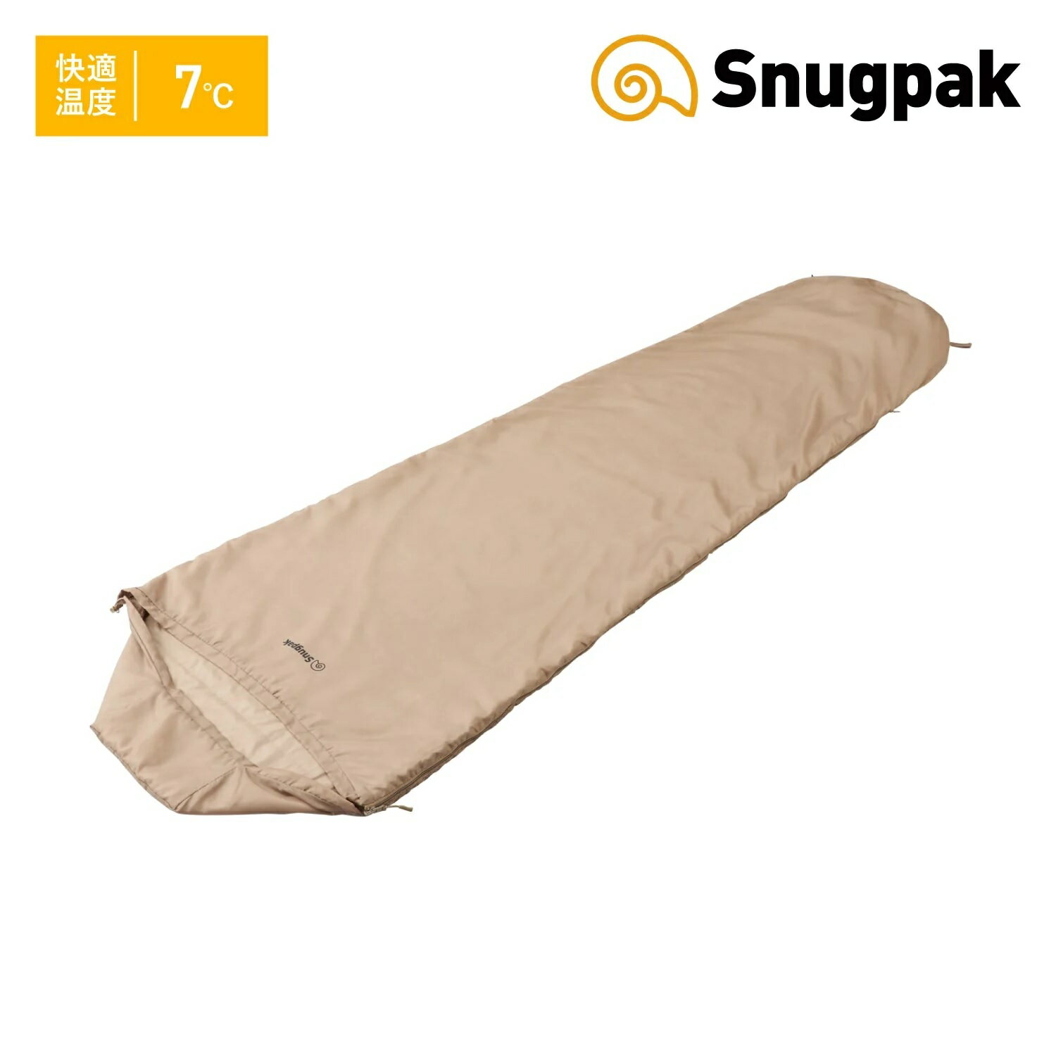 Snugpak ( スナグパック ) トロピカル マミー ライトジップ ミリタリーカラー寝袋 Snugpak スナグパック トロピカルマミー ライトジップ 寝袋 ミリタリー 迷彩 シュラフ アウトドア キャンプ 車中泊 Snugpak最軽量の春夏モデル●外側の生地には190Tの軽量なポリエステル生地「AQUA Light」を使用。撥水性がありなめらかで肌触りが良いです。●内側の生地にはシルクタッチのなめらかな「SUPER SOFT」を使用。高い耐久性と快適性を追求。通気性が高く、吸汗性と速乾性に優れています。●中綿にはSnugpakが独自開発した超軽量で圧縮率の高い中綿「TRAVELSOFT」を使用。再膨張力に優れ、かさばらないのに高い保温性を持ちます。[サイズ]収納時:直径14×長さ29cm、展開時:縦(長さ)220×横(周囲)160cm[重量]760g[快適使用温度]7℃[下限使用温度]2℃[生産国]中国-寝袋のメンテナンスについて-1.ジッパーを完全にしめて、洗濯ネットに入れます。2.設定は水温30℃以下、「手洗い」「ドライ」等のコースに設定。※洗濯洗剤は香料の少ない粉洗剤推奨です。3.洗濯が終わったら、吊り干ししてください。（影干しがおすすめ）4.中までしっかり乾いたら、コンプレッションサックにしまいます。圧縮したま保管してしまうと、寝袋へ負担がかかってしまうので圧縮せずに保管ください。※洗濯機はドラム式か縦型式を使用してください。大型コインランドリーを使用するのもおすすめです。※洗濯前に、寝袋に付いている洗濯表示ラベルを必ずご確認ください。 5