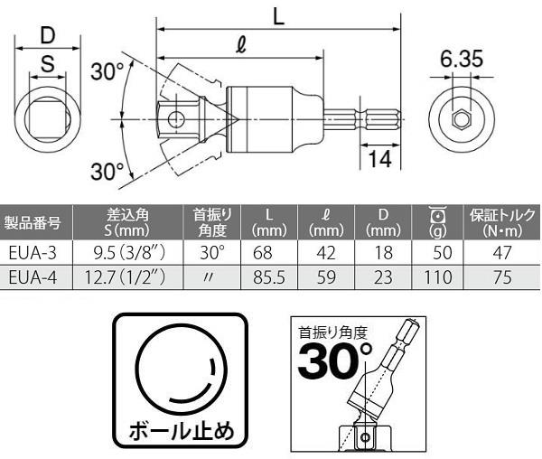 ソケット 電動ドリル 工具 EUA-3 電動ドリル用ユニバーサルソケットアダプター(ボール止めタイプ)(9.5mm) 【TOP】【36CE】