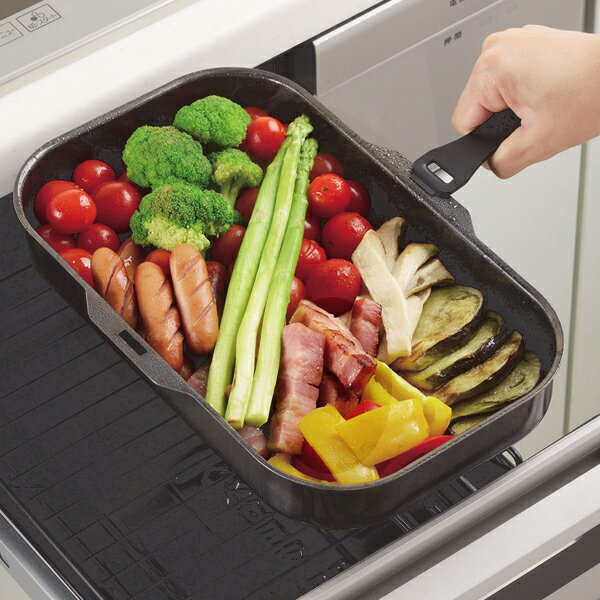 グリルプレート 魚焼き プレート IH対応 HB-3995 ラクッキング 鉄製蓋・ハンドル付角型グリルパン30×18cm(ウェーブ) 【AP】【14CD】のサムネイル