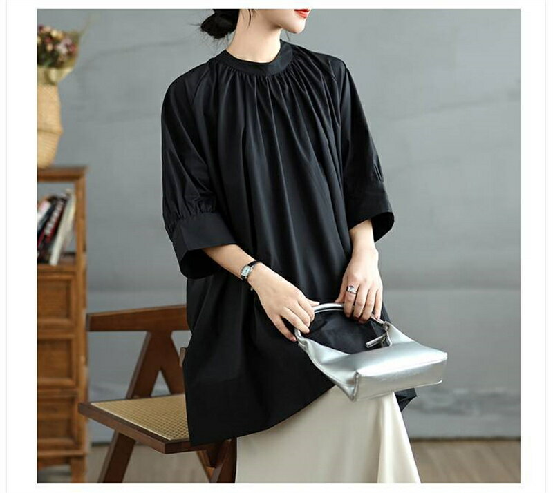 チュニック 五分袖 シャツ 黒 レディース ロングシャツ 大きいサイズ ロング丈 無地 体型カバー トップス ブラウス シャツブラウス ゆったり 半袖 ゆるっと 大きいサイズ 夏 秋 黒シャツ シンプル ベーシック ドルマン カジュアル 20代 30代 40代
