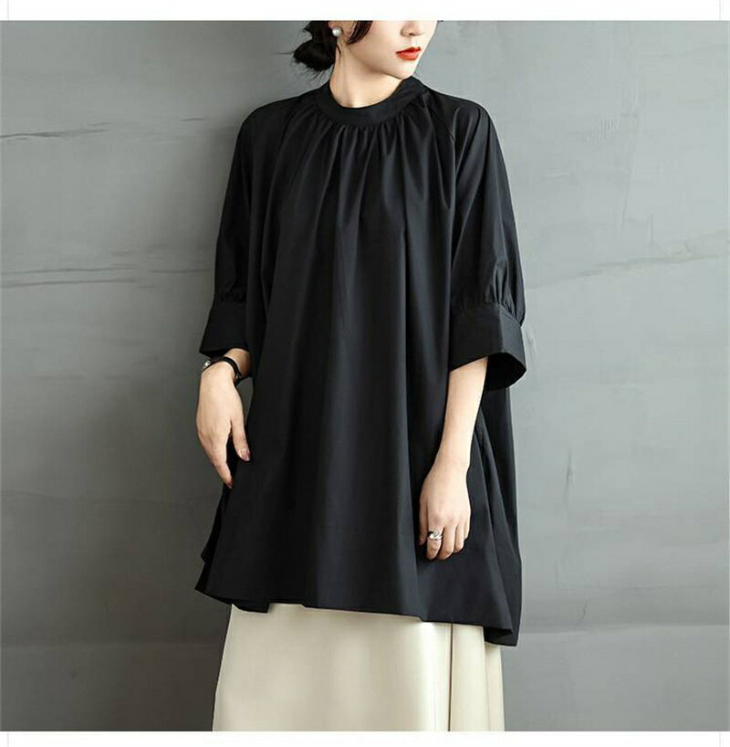 チュニック 五分袖 シャツ 黒 レディース ロングシャツ 大きいサイズ ロング丈 無地 体型カバー トップス ブラウス シャツブラウス ゆったり 半袖 ゆるっと 大きいサイズ 夏 秋 黒シャツ シンプル ベーシック ドルマン カジュアル 20代 30代 40代