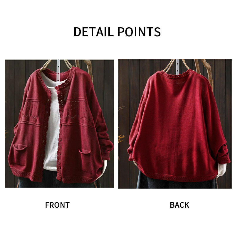 ファッションデイズのニットカーディガン 羽織り ニットソー アウター 長袖 レディース トップス ニット カーディガン ショート丈 パーカー 織物 ノーカラー ポケット付き 無地 ニットセーター フリル カジュアル 柔らかい 部屋着 ルームウェア 透かし編み リラックス 重ね着 おしゃれ 秋 冬｜アングル3