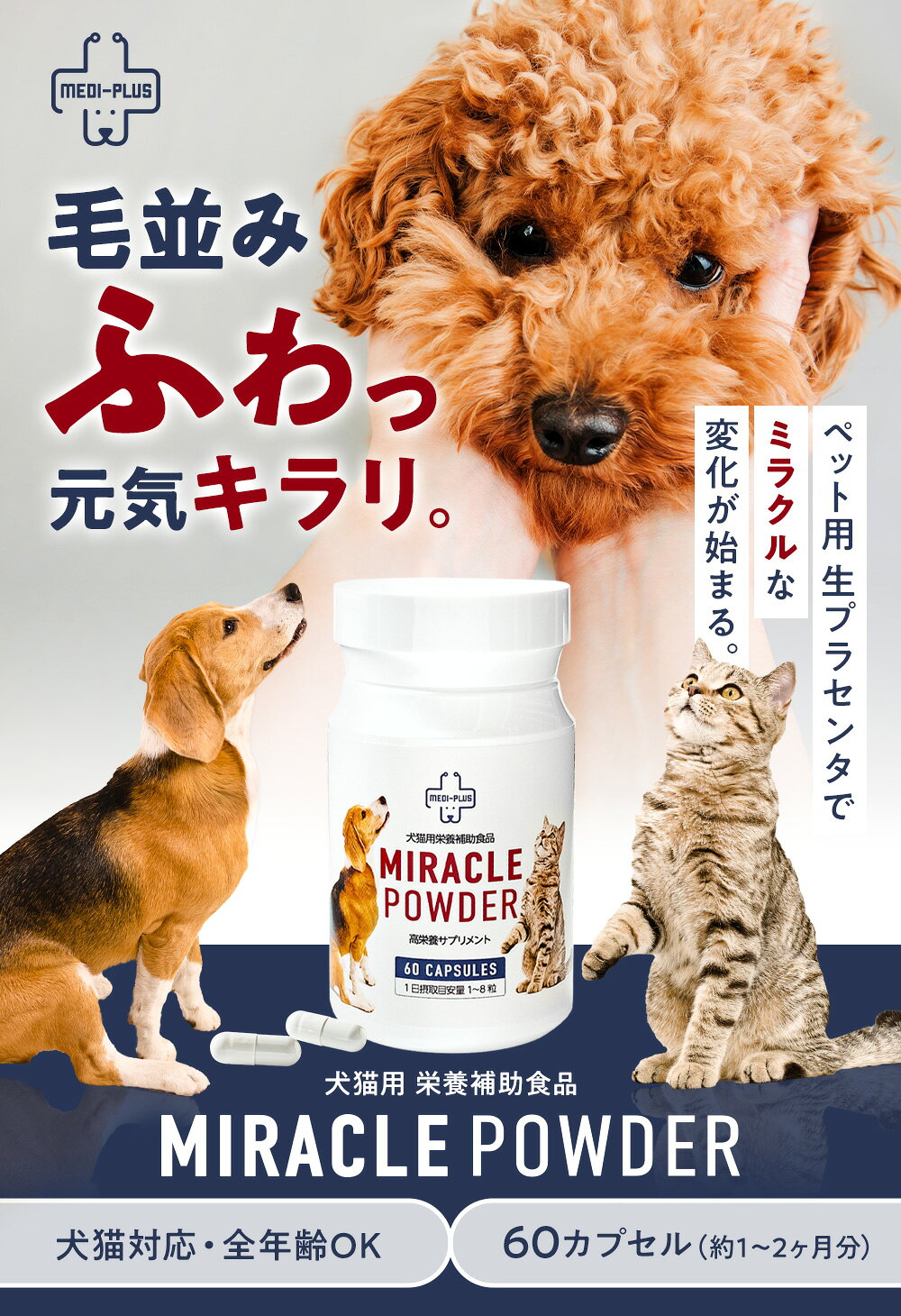 【20％オフ】 フィールドゲインズ ミラクルパウダー 60カプセル 犬猫用 生プラセンタ 配合 犬 猫 サプリ サプリメント 皮膚 乳酸菌 腎臓 肝臓 免疫力 犬 毛並み 改善 健康 食欲 高齢犬 栄養補給 栄養補助 スーパーSALE fieldgaines-10000228 フィールドゲインズ楽天市場店 サンプル画像2
