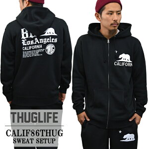 待望の再入荷!!新作 定番THUGLIFE サグライフ 長袖スウェットセットアップ CALIF86THUG PH カリフ86 ブラックセットアップスウェット 上下スウェット パンツ パーカー メンズ ファッション フルジップ ジップパーカー 裏起毛