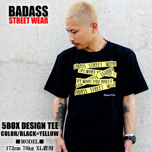 BADASS 5BOX バダス 半袖 Tシャツ ブラック×イエロー 黒 黄 メンズ レディース ファッション ストリート B系 スケート STREET WEAR オシャレ ダンス 衣装 キッズ 大きいサイズ トップス 服 スポーツ アウトドア SKATE SPORTS ロゴ 春 夏 ヒップホップ HIPHOP プリント