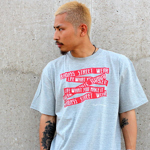 BADASS 5BOX バダス 半袖 Tシャツ グレー×レッド 灰 赤 メンズ レディース ファッション ストリート B系 スケート BADASS STREET WEAR オシャレ ダンス 衣装 キッズ 大きいサイズ トップス 服 スポーツ アウトドア SKATE SPORTS ロゴ 春 夏 ヒップホップ HIPHOP