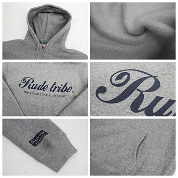 RUDETRIBE / ルードトライブ プルパーカー BRAND LOGO ブランドロゴ プルパーカー グレー×ネイビーメンズファッション トップス アウター大 小 プルオーバー パーカ 秋冬 メンズ 冬物 秋物 裏起毛 スウェットプリント 無地 フード
