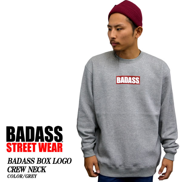 待望の再入荷！！ BADASS バダス メンズ トレーナー BOX LOGO クルーネックトレーナー グレーメンズファッション トップス アウター大 小 クルーネック 秋冬 メンズ 冬物 秋物 裏起毛 スウェットプリント 無地 フード 厚手 薄手 部屋着 普段着 あす楽