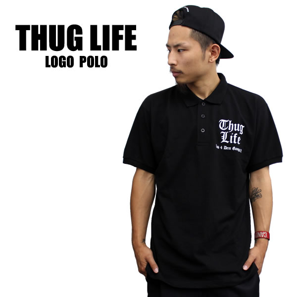 THUG LIFE サグライフ 半袖ポロシャツ THE BRAND LOGO / ブラック×ホワイト ギャングスタブランド HIPHOP コラボレーションアイテム 話題 メンズ半袖ポロシャツ