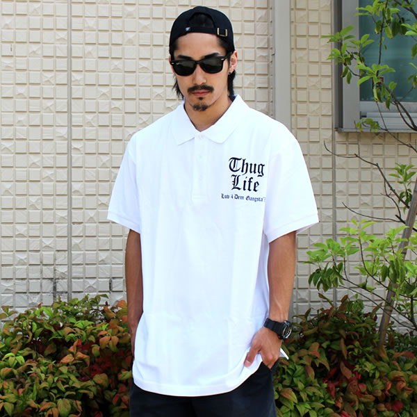待望の再入荷！THUG LIFE / サグライフ 半袖 ポロシャツ THE BRAND LOGO / ホワイト×ブラック 白 黒 Tシャツ メンズ レディース ファッション B系 ストリート ワーク ミリタリー STREET 大きいサイズ トップス 春 夏 秋 オリジナルブランド HIPHOP LA NY スケーター