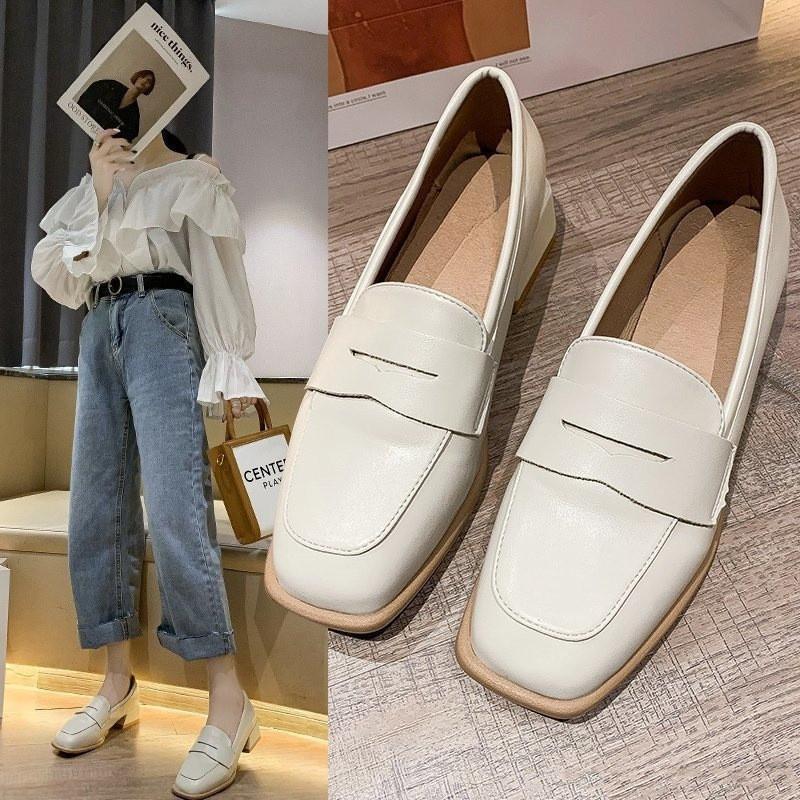 ローファー レディース ヒール 軽い スクエアトゥ 秋 痛くない コインローファー アイボリー キャメル ブラック